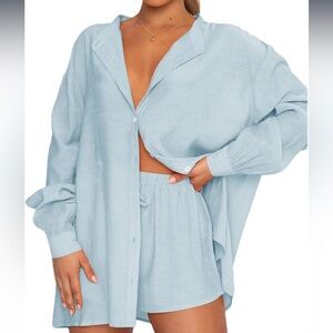 2 Piece Outfits Set Shorts Button Top Elastic Drawstring Waist Set Size S